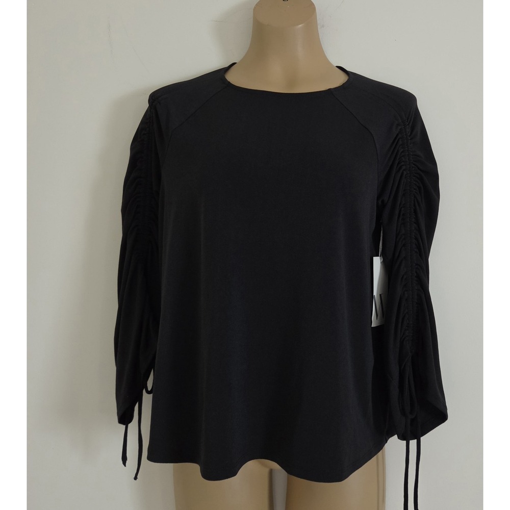 Worthington Black Blouse Long Ruched Drawstring Sleeve NEW size S